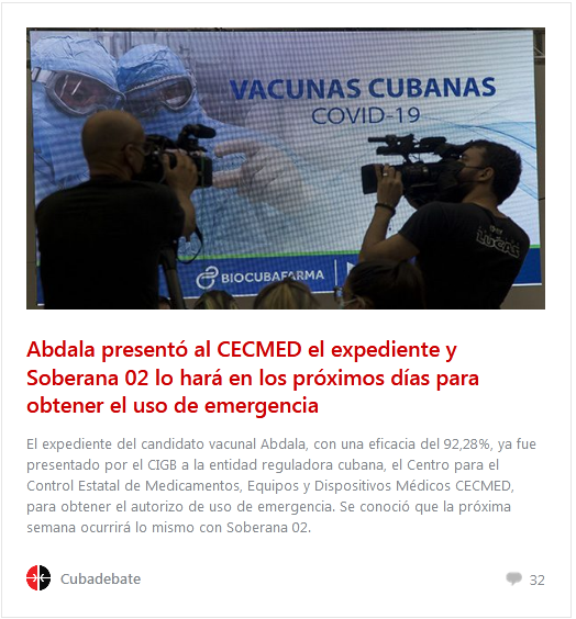 Abdala presentó al CECMED el expediente y Soberana 02 lo hará en los próximos días para obtener el uso de emergencia 