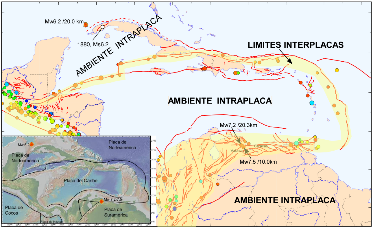 Figura 1: Mapa de las principales fallas del Caribe así como los epicentros de terremotos de magnitud de 6 y mayor. Se resaltan los límites interplacas (amarillo) y las zonas intraplacas, así como la posición de los epicentros de los terremotos de junio 8 al NW de Cuba y Junio 24 al N de Venezuela. Figura 1: Mapa de las principales fallas del Caribe así como los epicentros de terremotos de magnitud de 6 y mayor. Se resaltan los límites interplacas (amarillo) y las zonas intraplacas, así como la posición de los epicentros de los terremotos de junio 8 al NW de Cuba y Junio 24 al N de Venezuela.