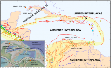 Figura 1: Mapa de las principales fallas del Caribe así como los epicentros de terremotos de magnitud de 6 y mayor.  Se resaltan los límites interplacas (amarillo) y las zonas intraplacas, así como la posición de los epicentros de los terremotos de junio 8 al NW de Cuba y Junio 24 al N de Venezuela.
